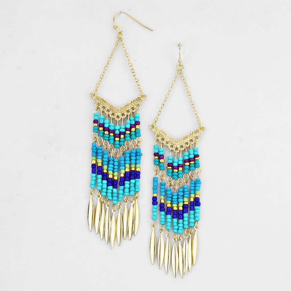 Beaded Dangle Earrings Blue & Gold Boho 3” long